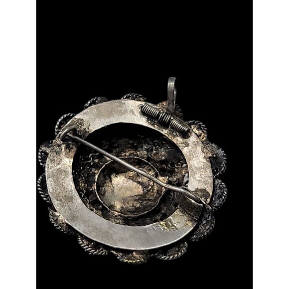 Faux Turquoise Silver Plated Brooch Pendant Blue Glass Filigree Setting Vintage - Picture 9 of 16